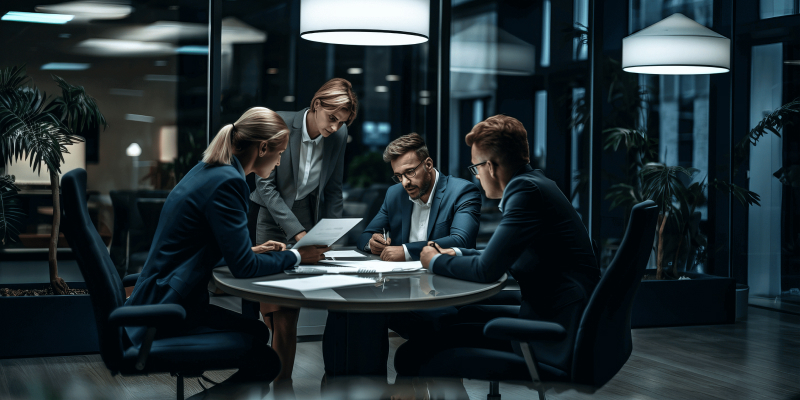 A work team discussing some papers around a table