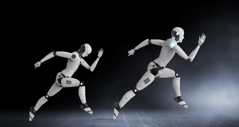 Two running humanoid robots representing a successful RPA implementation