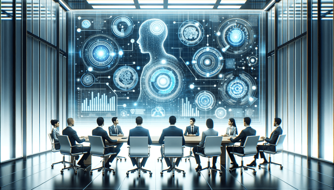 DALL·E 2023-10-23 13.14.18 - Illustration of a modern corporate boardroom where professionals in suits are having a meeting. In the midst of them, holographic projections of AI al (1)