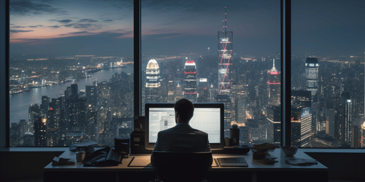 Person working on its desk with a city skyline on the background