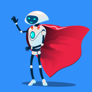 A smiling robot with a red cape celebrates accelerating ROI for RPA.